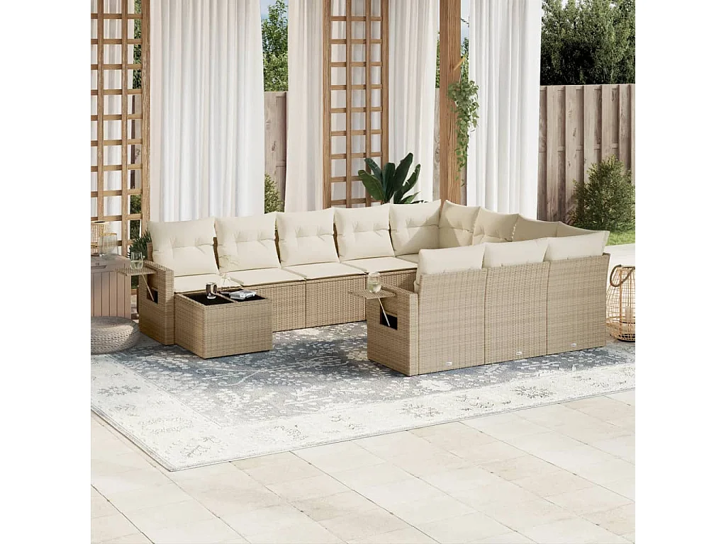 11 pcs conjunto sofás de jardim c/ almofadões vime PE bege