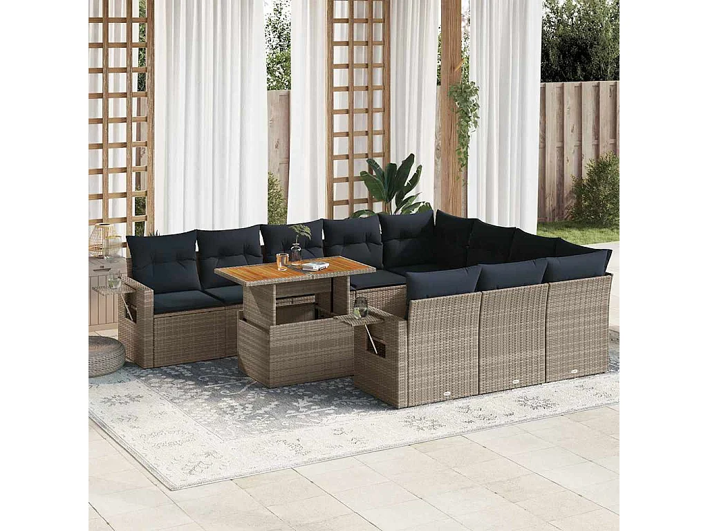 Garden Furniture - 11-tlg. Garten-Sofagarnitur mit Kissen Grau Poly Rattan