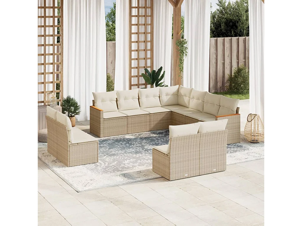 11 pcs conjunto sofás de jardim c/ almofadões vime PE bege