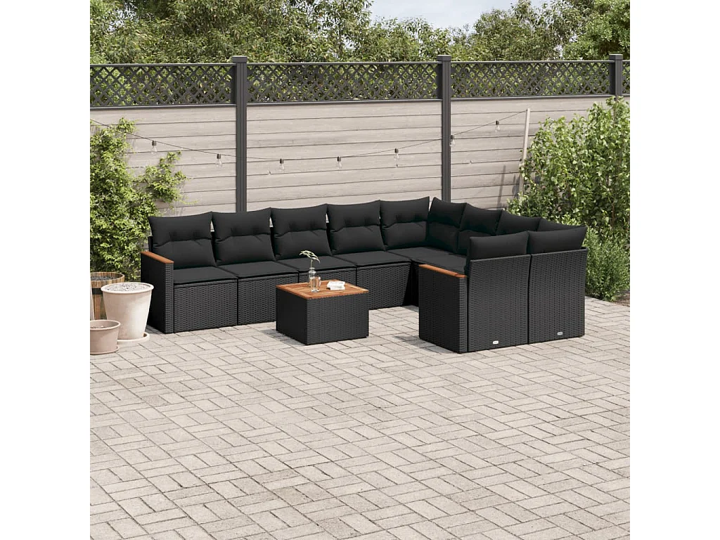 Garden Furniture - Set Divani da Giardino 10pz con Cuscini in Polyrattan Nero