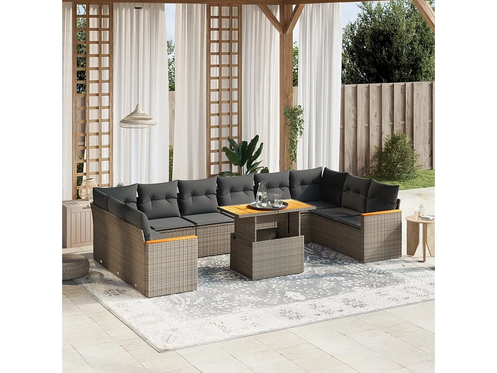 Garden Furniture - 11-tlg. Garten-Sofagarnitur mit Kissen Grau Poly Rattan