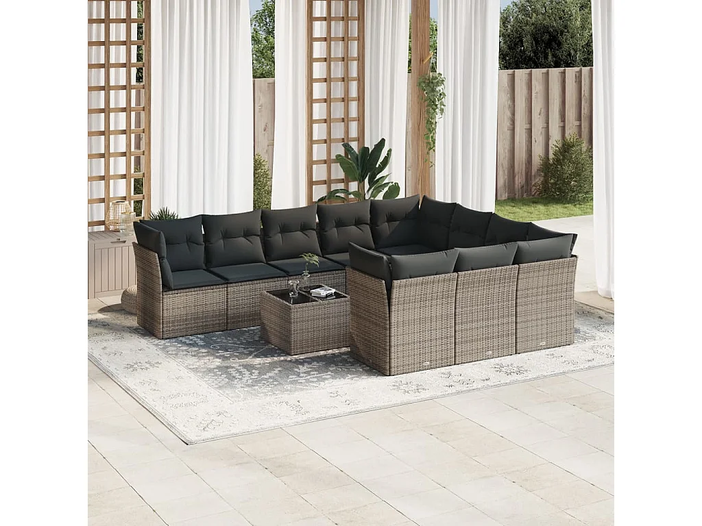 Garden Furniture - 11-tlg. Garten-Sofagarnitur mit Kissen Grau Poly Rattan