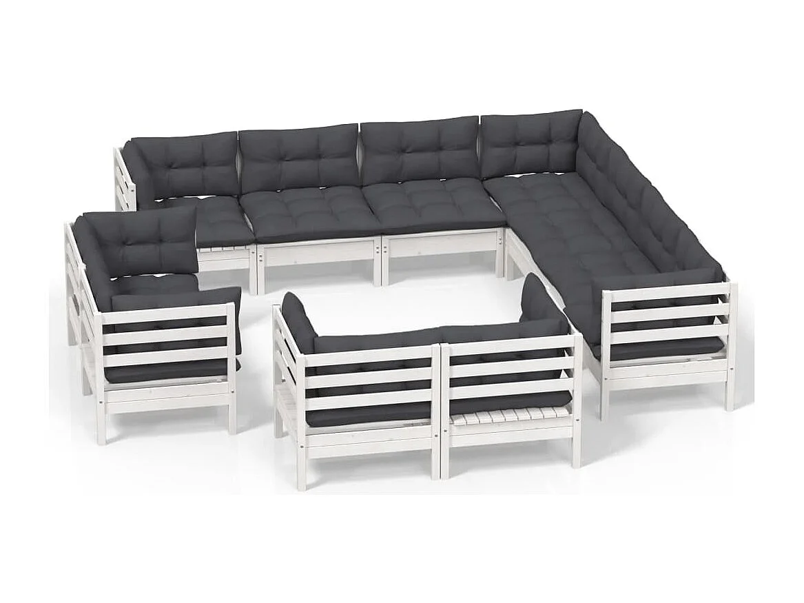 11 pcs conj. lounge de jardim c/ almofadões pinho maciço branco