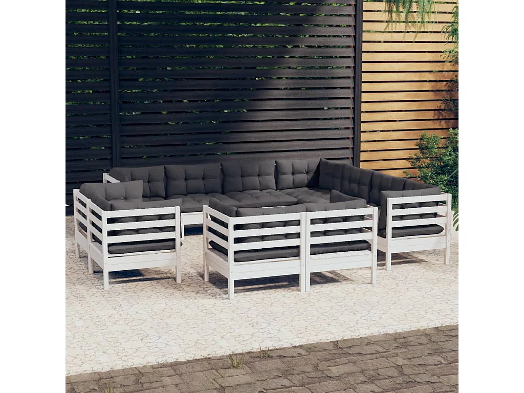 11 pcs conj. lounge de jardim c/ almofadões pinho maciço branco