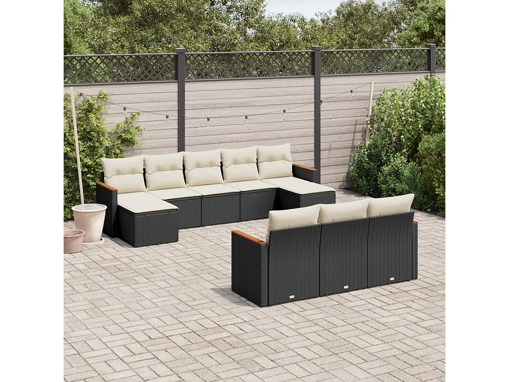 10 pcs conjunto sofás de jardim c/ almofadões vime PE preto