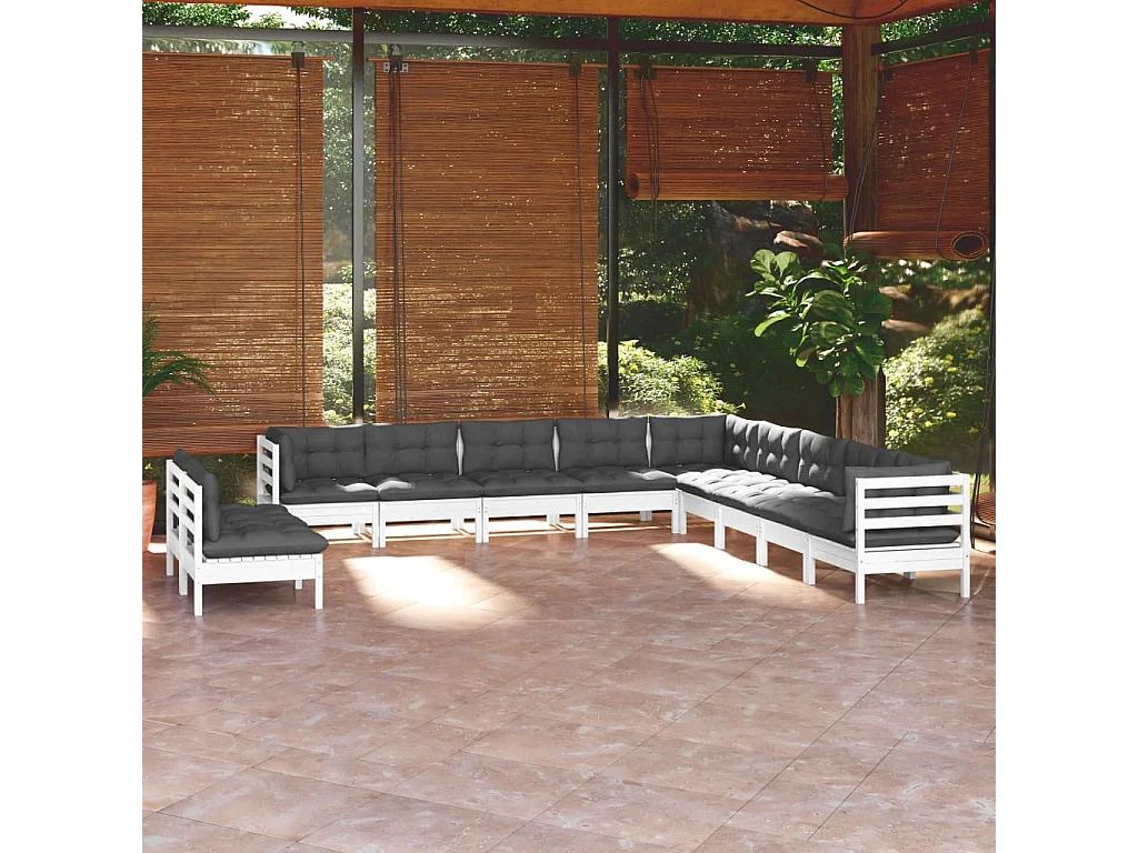 11 pcs conj. lounge de jardim c/ almofadões pinho maciço branco