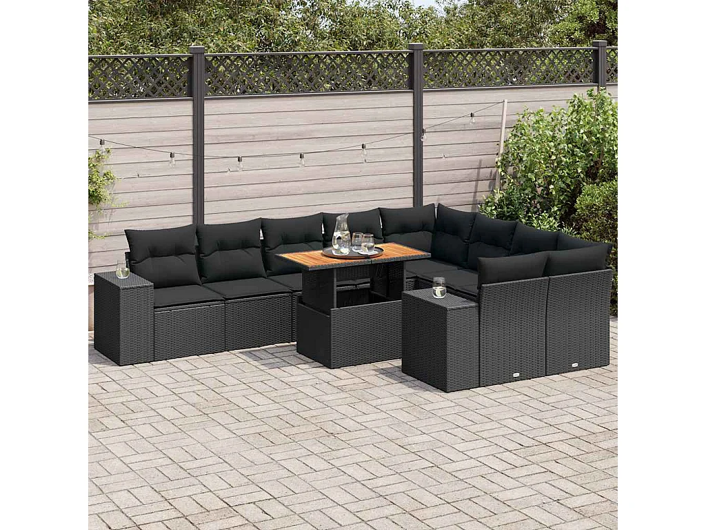 Garden Furniture - Set Divani Giardino 10pz con Cuscini Nero in Polyrattan Acacia