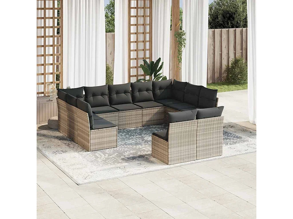 Garden Furniture - 11-tlg. Garten-Sofagarnitur mit Kissen Hellgrau Poly Rattan