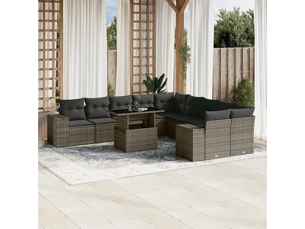 Garden Furniture - 11-tlg. Garten-Sofagarnitur mit Kissen Grau Poly Rattan