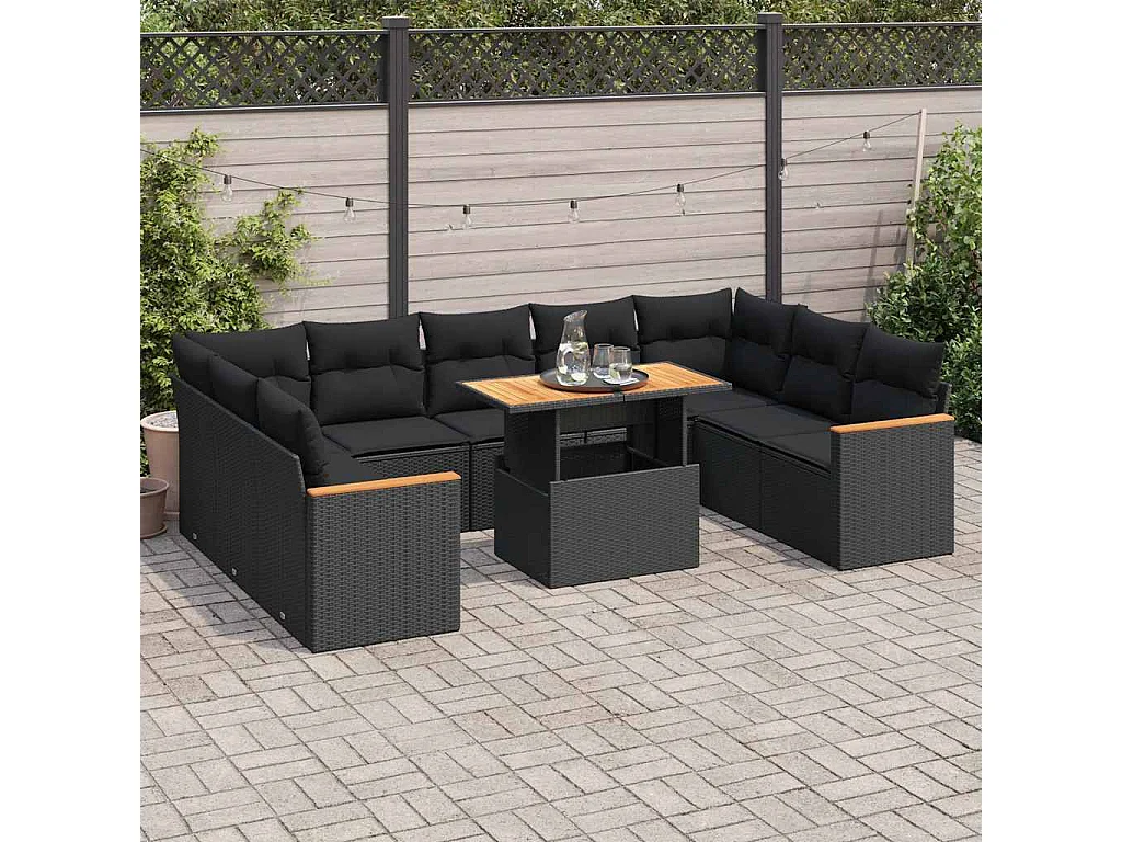 Garden Furniture - Set Divani Giardino 10pz con Cuscini Nero in Polyrattan Acacia