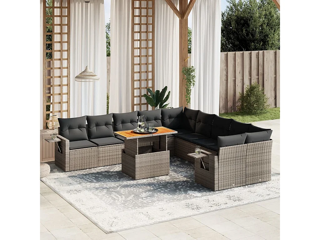 Garden Furniture - 11-tlg. Garten-Sofagarnitur mit Kissen Grau Poly Rattan