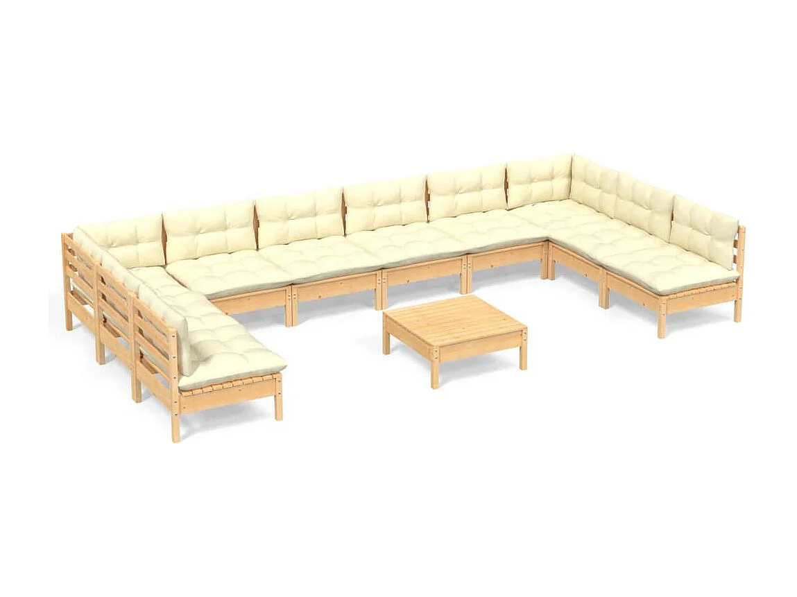 11 pcs conjunto lounge jardim c/ almofadões creme pinho maciço