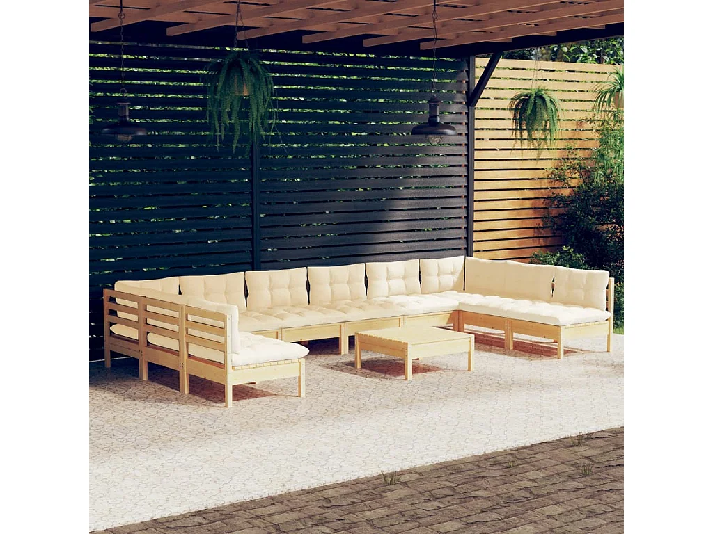 11 pcs conjunto lounge jardim c/ almofadões creme pinho maciço