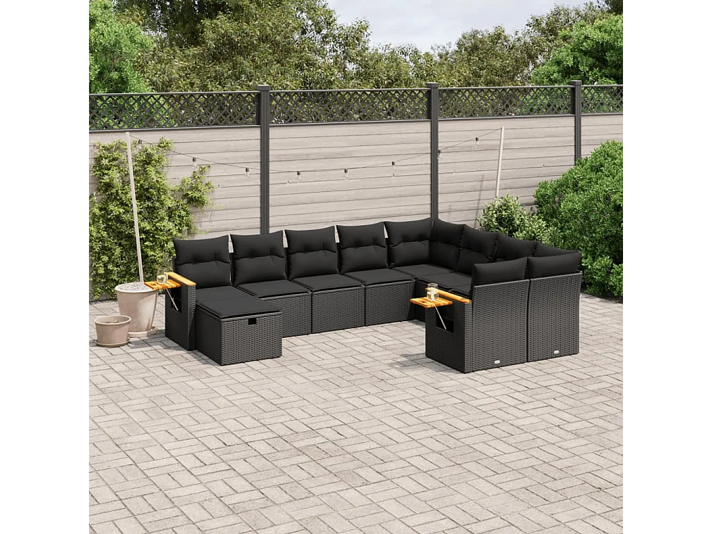 Garden Furniture - Set Divani da Giardino 10pz con Cuscini in Polyrattan Nero