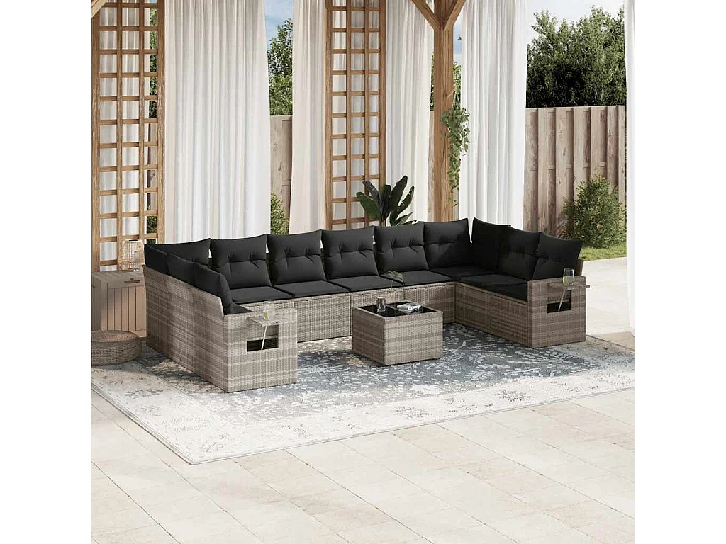 Garden Furniture - Salon de jardin 11 pcs avec coussins gris clair résine tressée
