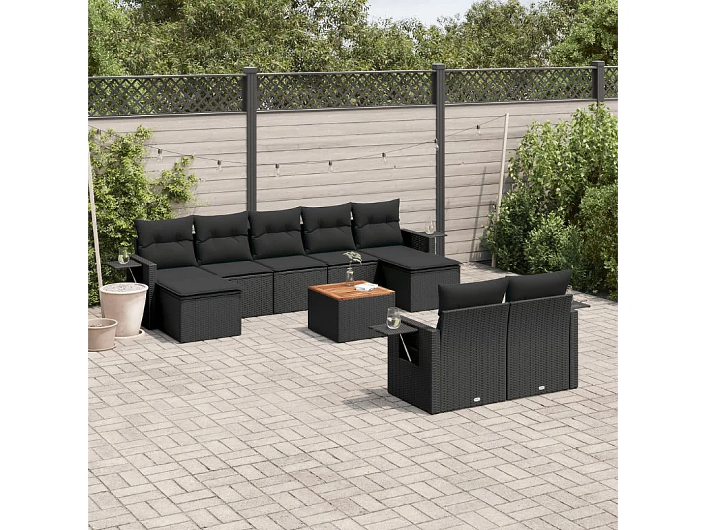 Garden Furniture - 10-tlg. Garten-Sofagarnitur mit Kissen Schwarz Poly Rattan
