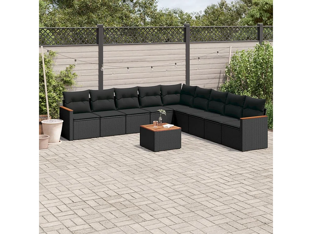 Garden Furniture - Set Divani da Giardino 10pz con Cuscini in Polyrattan Nero