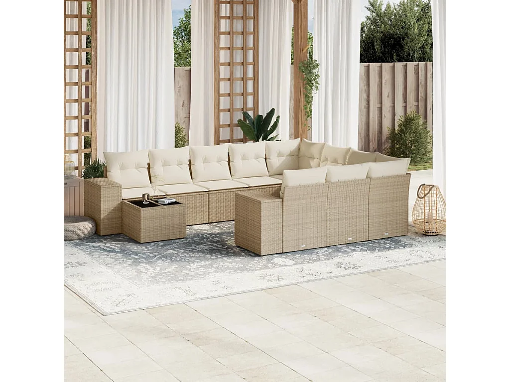 11 pcs conjunto sofás de jardim c/ almofadões vime PE bege