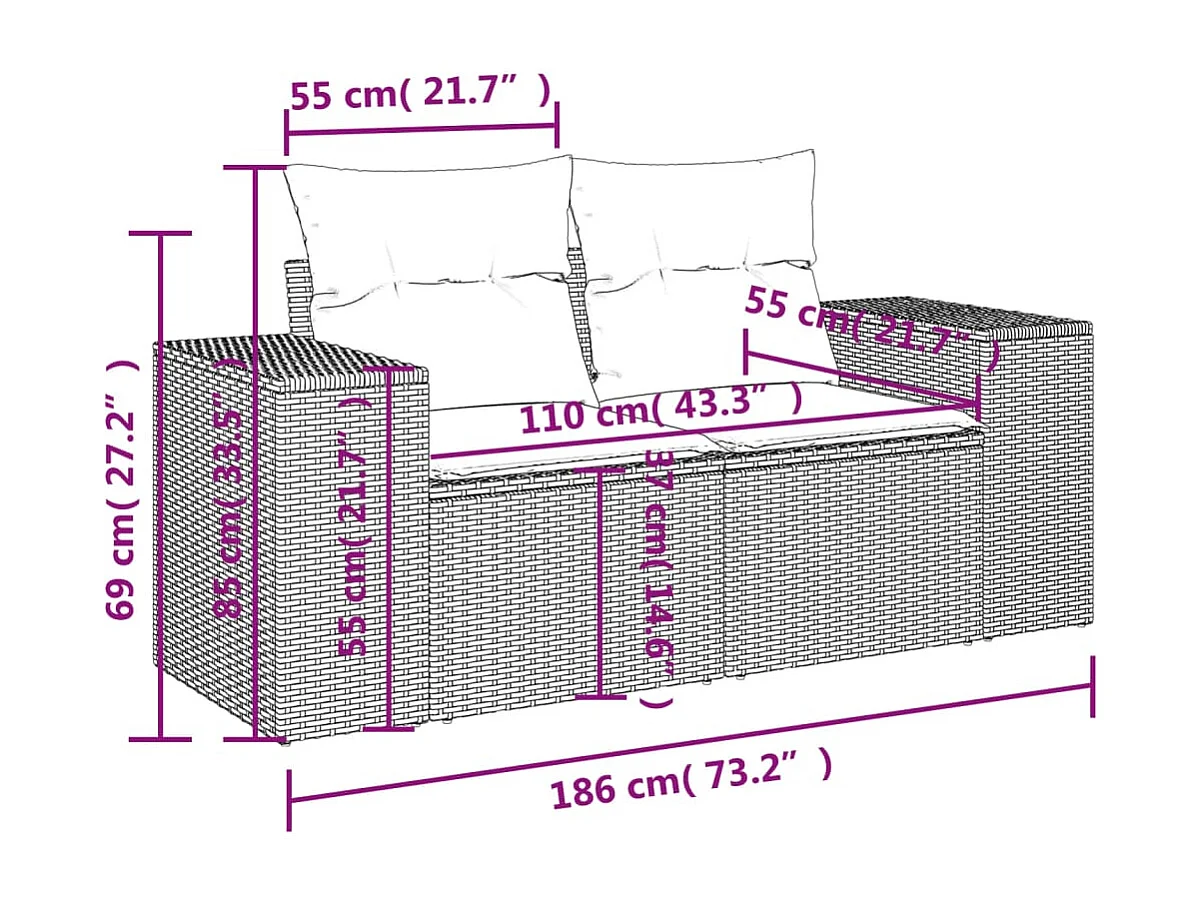 11 pcs conjunto sofás de jardim c/ almofadões vime PE bege