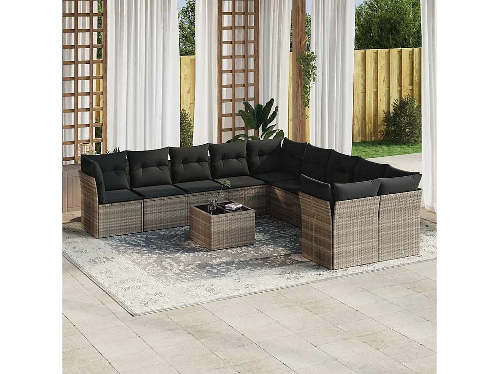 Garden Furniture - Set Divani da Giardino 11 pz con Cuscini in Polyrattan Grigio