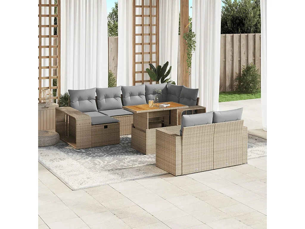 Garden Furniture - 11-tlg. Garten-Sofagarnitur mit Kissen Beige Poly Rattan