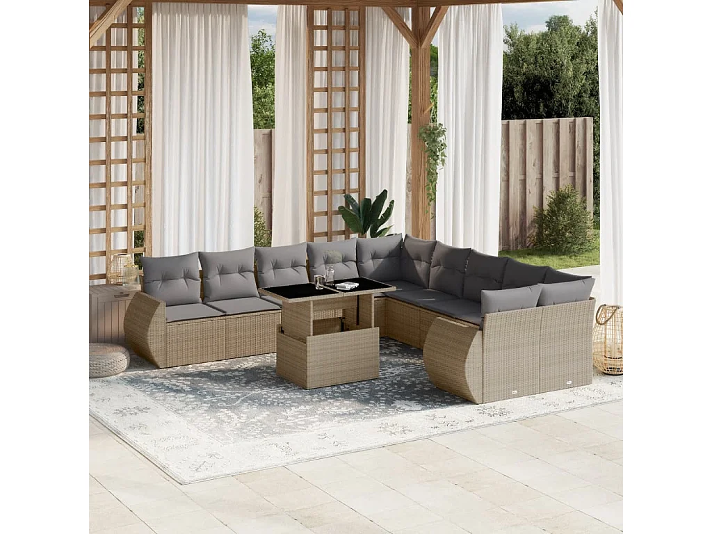 Garden Furniture - 11-tlg. Garten-Sofagarnitur mit Kissen Beige Poly Rattan