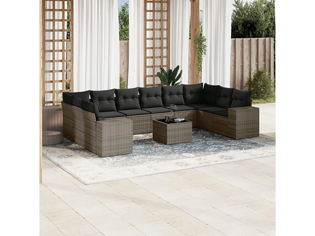Garden Furniture - Set Divani da Giardino 11 pz con Cuscini in Polyrattan Grigio