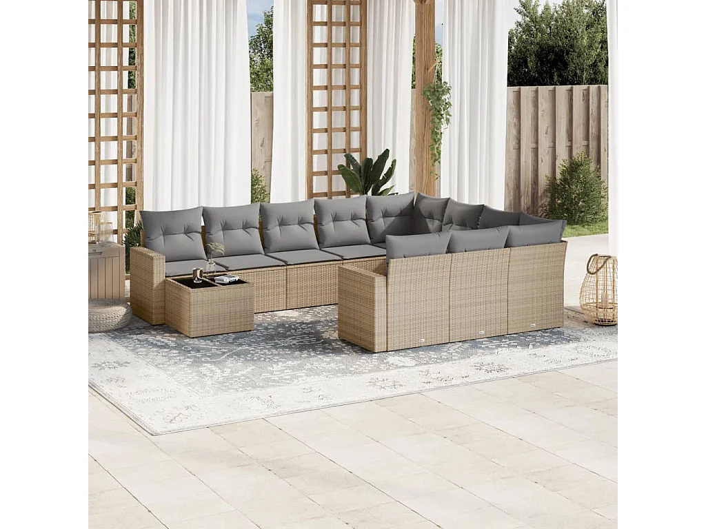 Garden Furniture - 11-tlg. Garten-Sofagarnitur mit Kissen Beige Poly Rattan