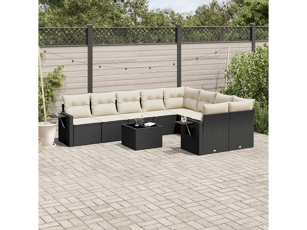 Garden Furniture - Set Divani da Giardino 10pz con Cuscini in Polyrattan Nero