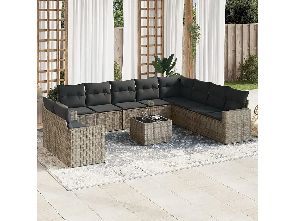 Garden Furniture - 11-tlg. Garten-Sofagarnitur mit Kissen Grau Poly Rattan
