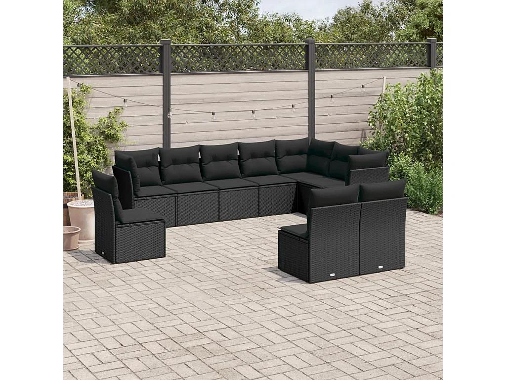 Garden Furniture - Set Divani da Giardino 10pz con Cuscini in Polyrattan Nero