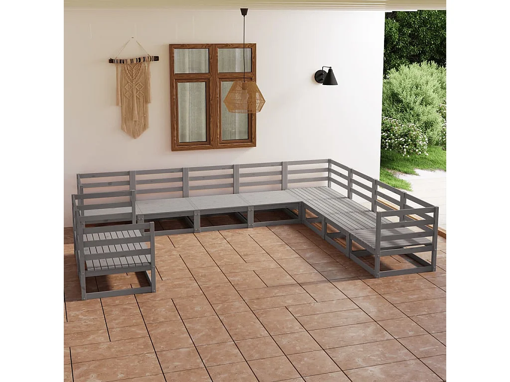 Garden Furniture - Set Divani da Giardino 10 pz Grigio in Legno Massello di Pino