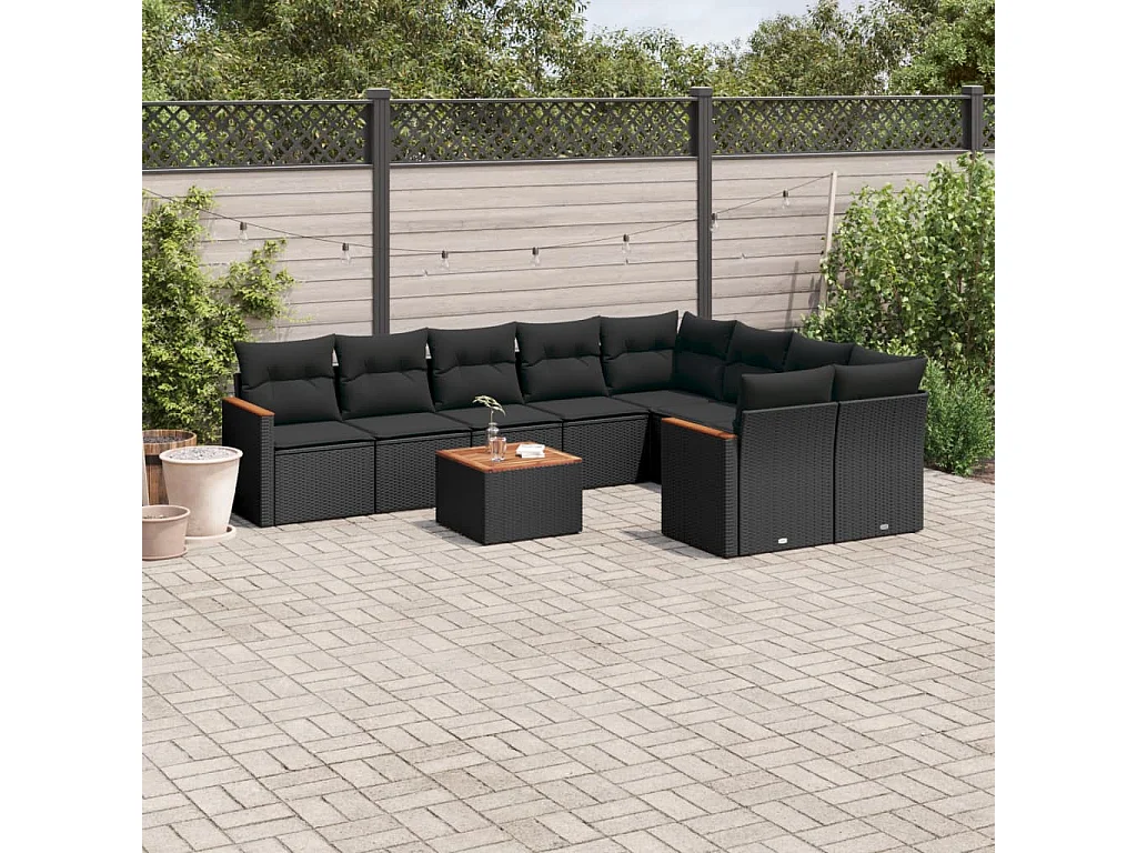 Garden Furniture - 10-tlg. Garten-Sofagarnitur mit Kissen Schwarz Poly Rattan