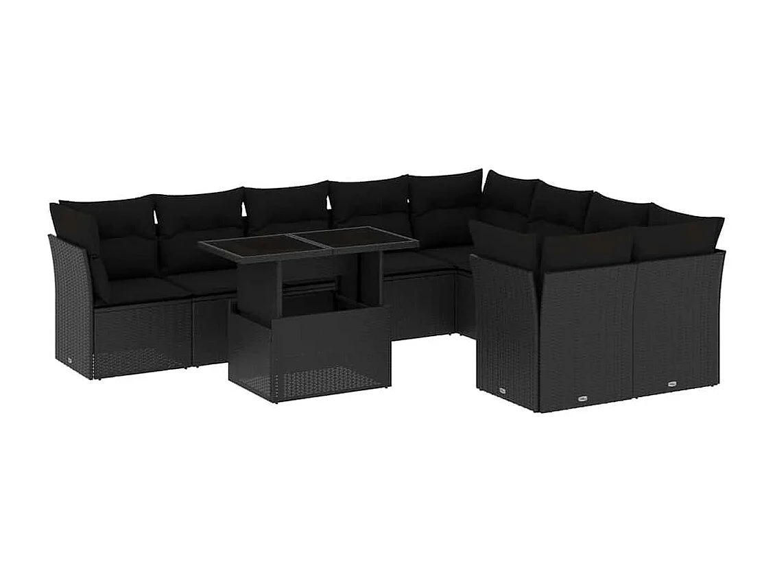 10 pcs conjunto sofás de jardim c/ almofadões vime PE preto