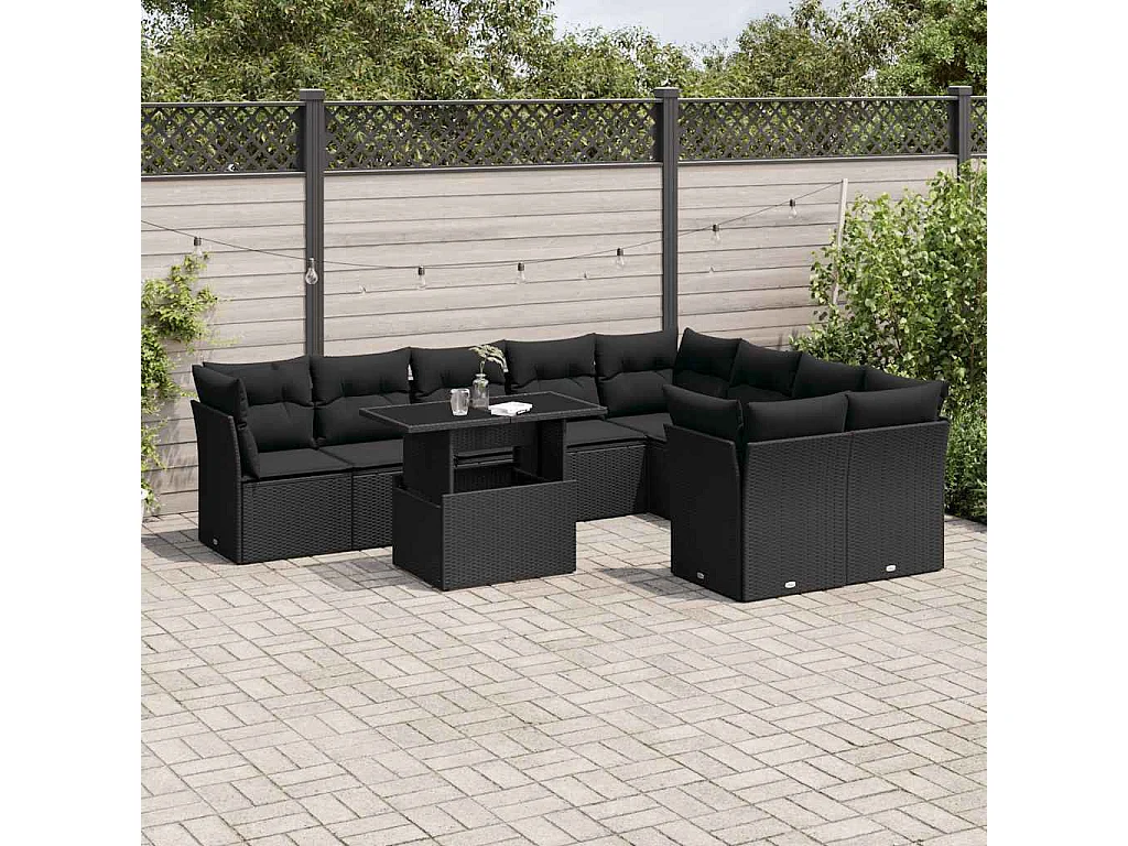 10 pcs conjunto sofás de jardim c/ almofadões vime PE preto