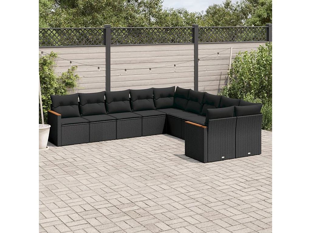 Garden Furniture - 10-tlg. Garten-Sofagarnitur mit Kissen Schwarz Poly Rattan