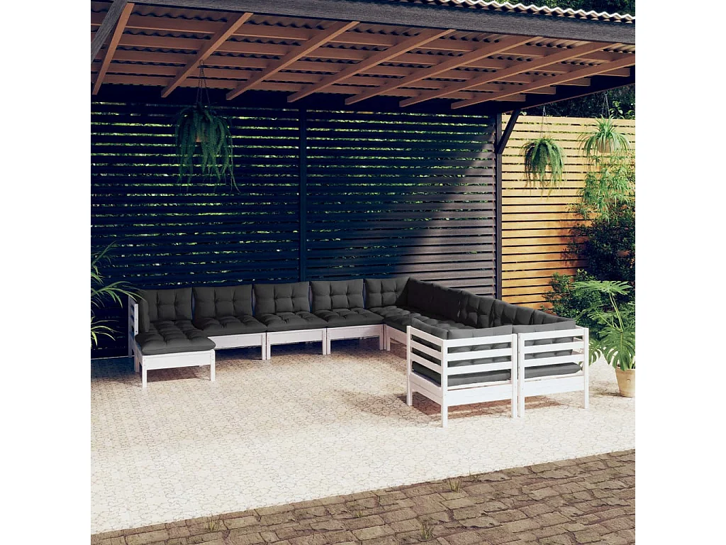 11 pcs conjunto lounge de jardim c/ almofadões pinho branco
