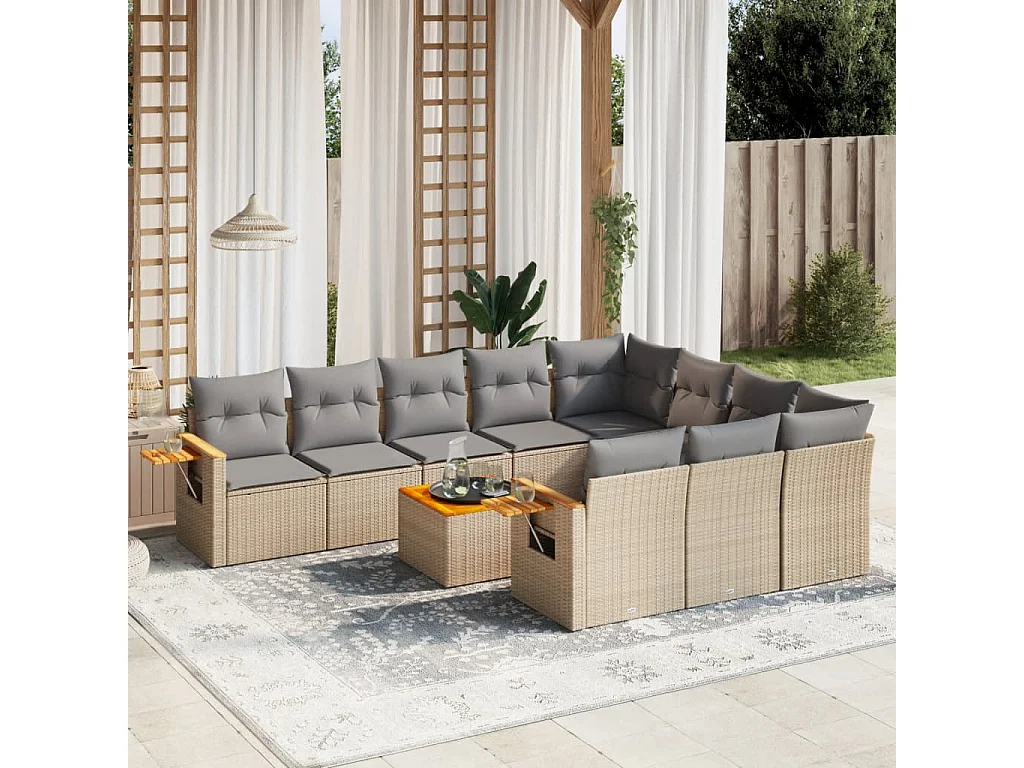 Garden Furniture - 11-tlg. Garten-Sofagarnitur mit Kissen Beige Poly Rattan