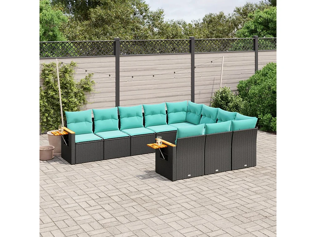 Garden Furniture - 10-tlg. Garten-Sofagarnitur mit Kissen Schwarz Poly Rattan