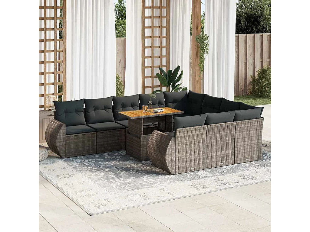 Garden Furniture - 11-tlg. Garten-Sofagarnitur mit Kissen Grau Poly Rattan