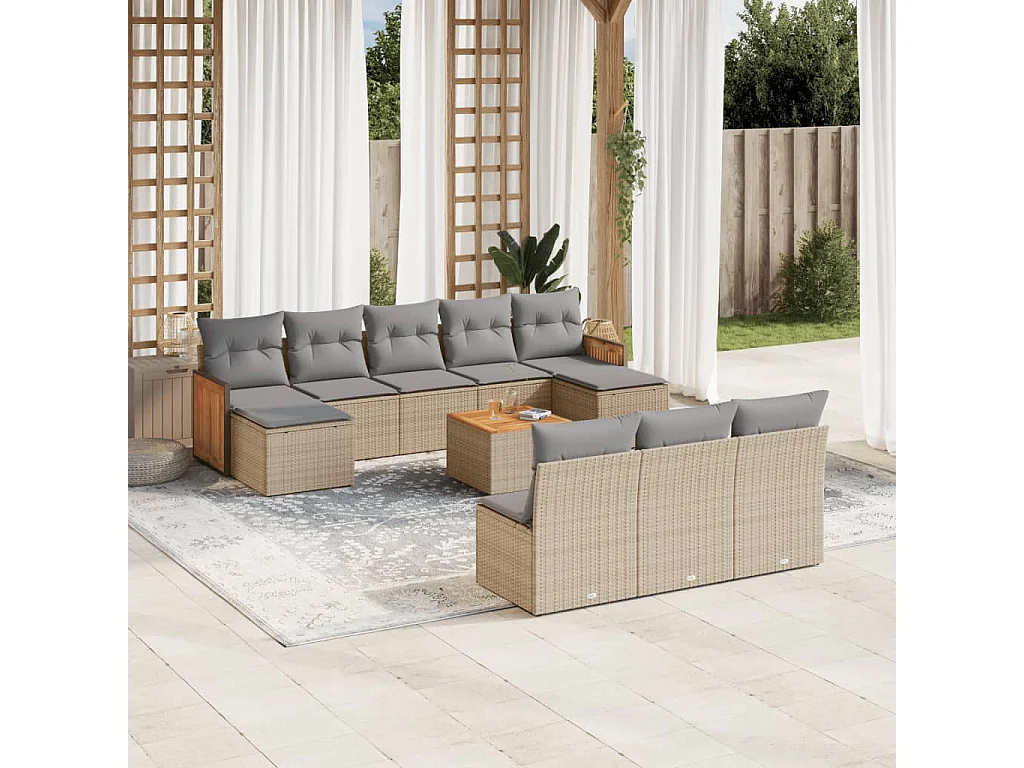Garden Furniture - 11-tlg. Garten-Sofagarnitur mit Kissen Beige Poly Rattan