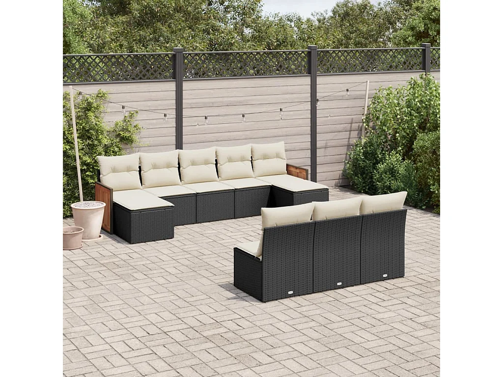 10 pcs conjunto sofás de jardim c/ almofadões vime PE preto