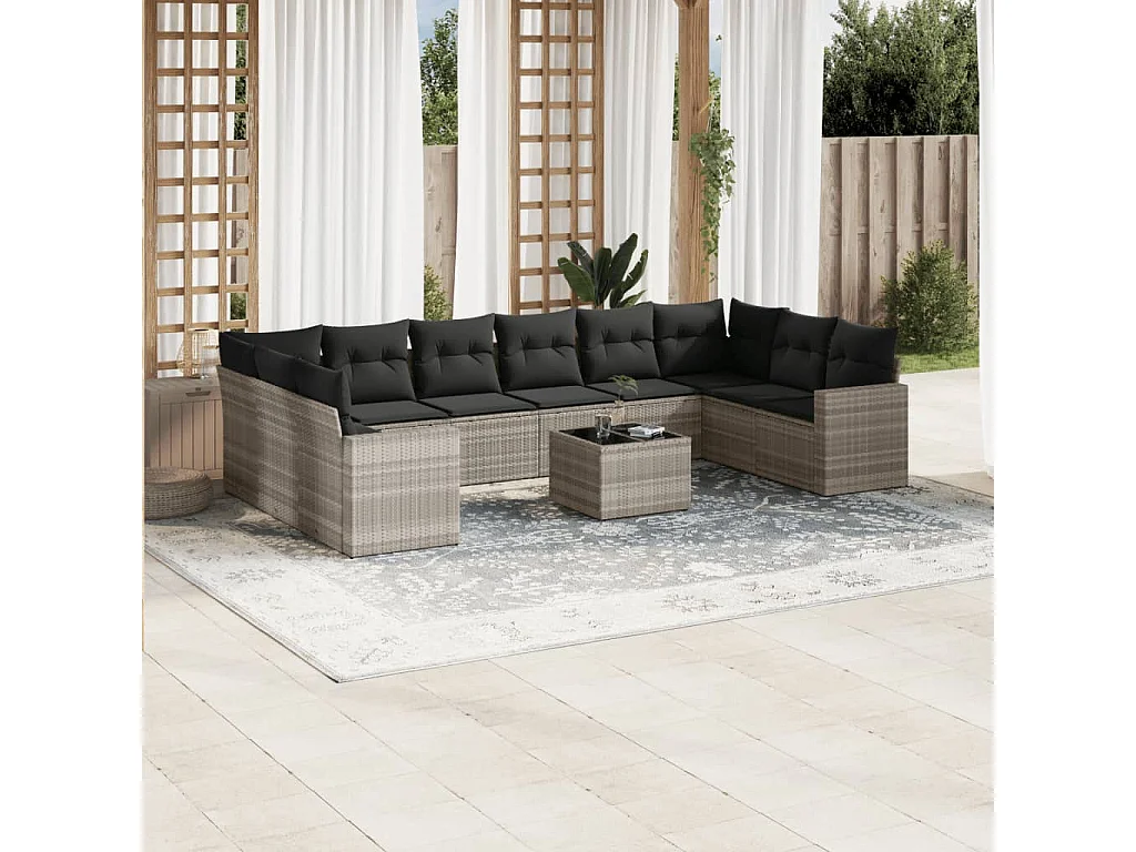 Garden Furniture - Set Divani da Giardino 11 pz con Cuscini in Polyrattan Grigio