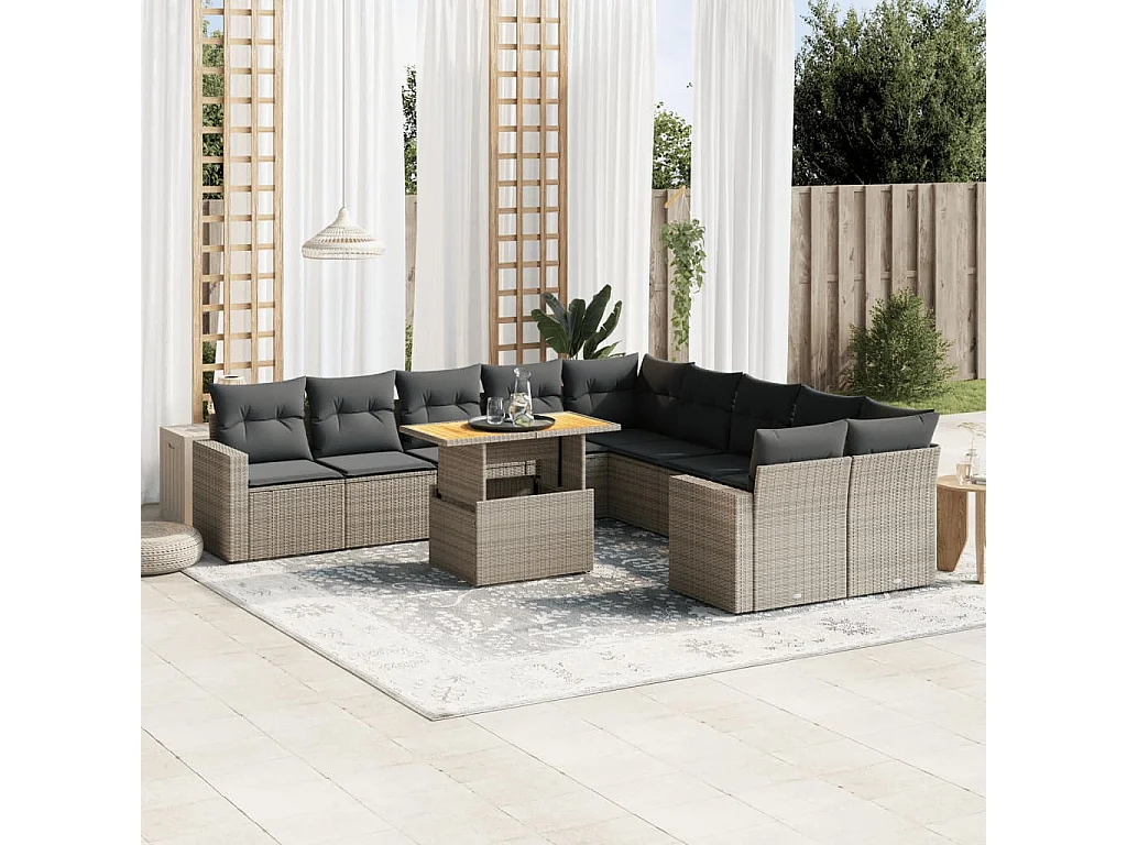 Garden Furniture - 11-tlg. Garten-Sofagarnitur mit Kissen Grau Poly Rattan