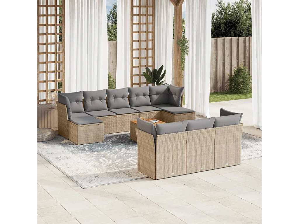 Garden Furniture - 11-tlg. Garten-Sofagarnitur mit Kissen Beige Poly Rattan