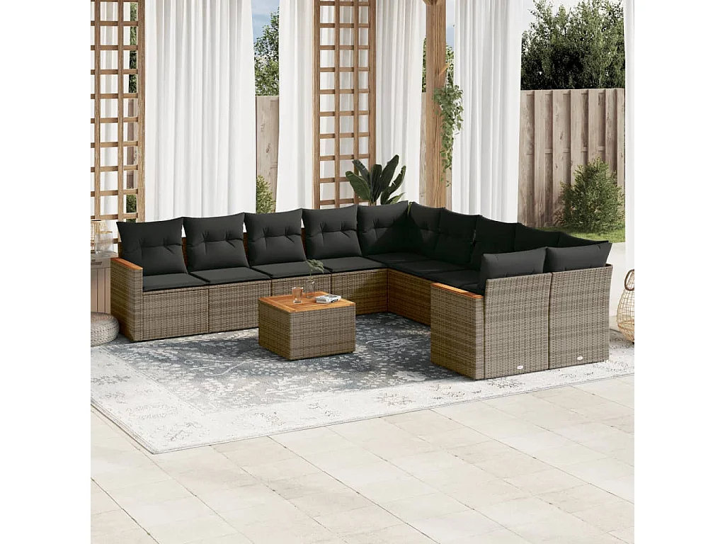 Garden Furniture - 11-tlg. Garten-Sofagarnitur mit Kissen Grau Poly Rattan