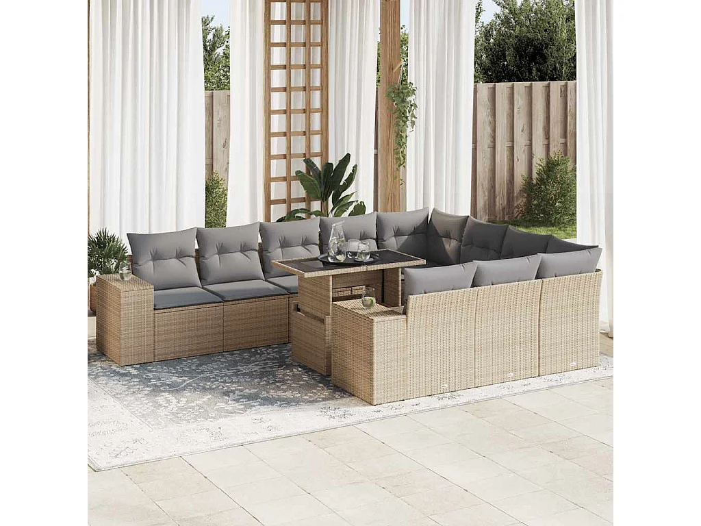 Garden Furniture - 11-tlg. Garten-Sofagarnitur mit Kissen Beige Poly Rattan