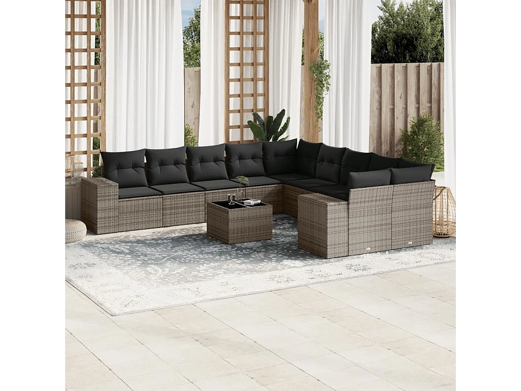 Garden Furniture - Salon de jardin 11 pcs avec coussins gris résine tressée