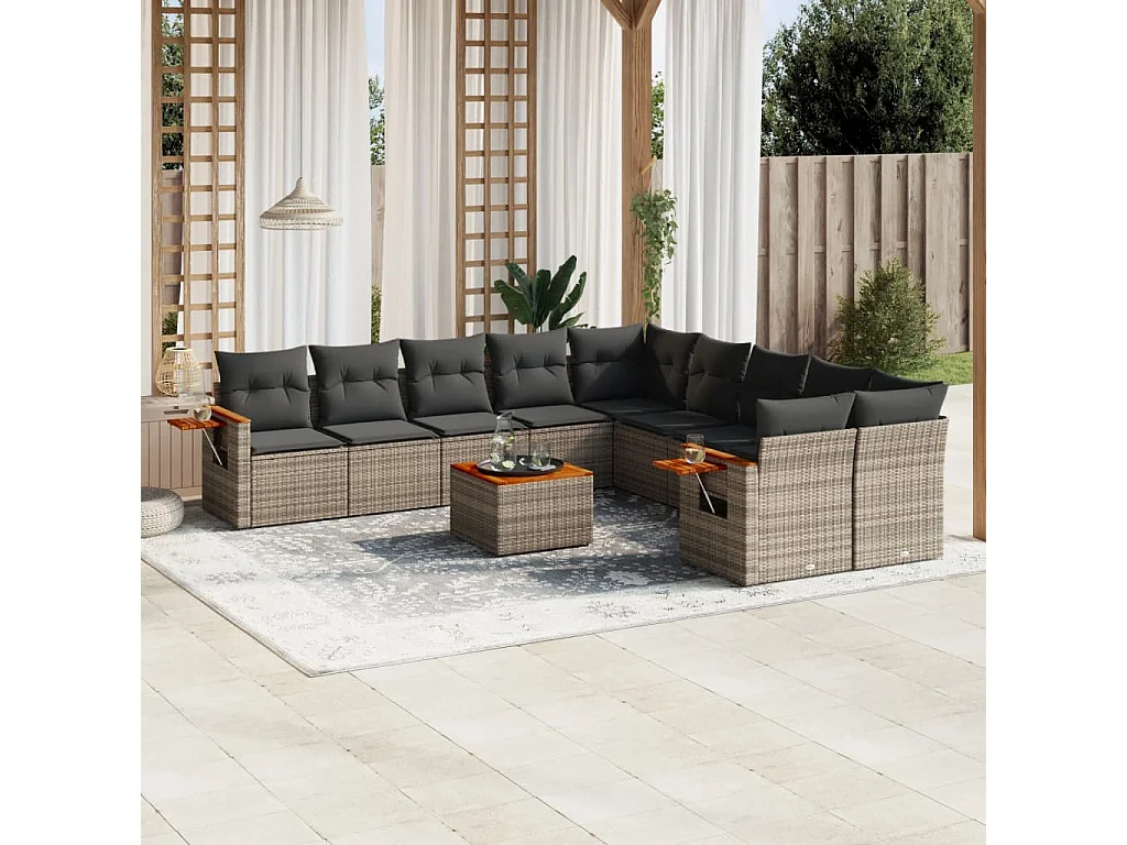 Garden Furniture - 11-tlg. Garten-Sofagarnitur mit Kissen Grau Poly Rattan