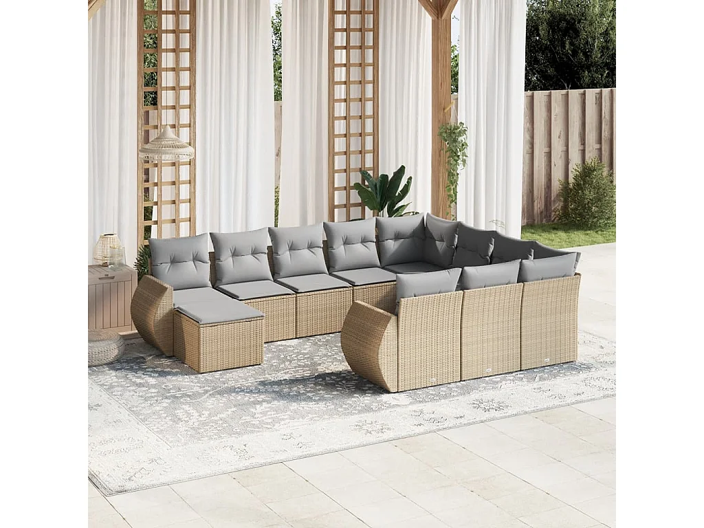 Garden Furniture - 11-tlg. Garten-Sofagarnitur mit Kissen Beige Poly Rattan